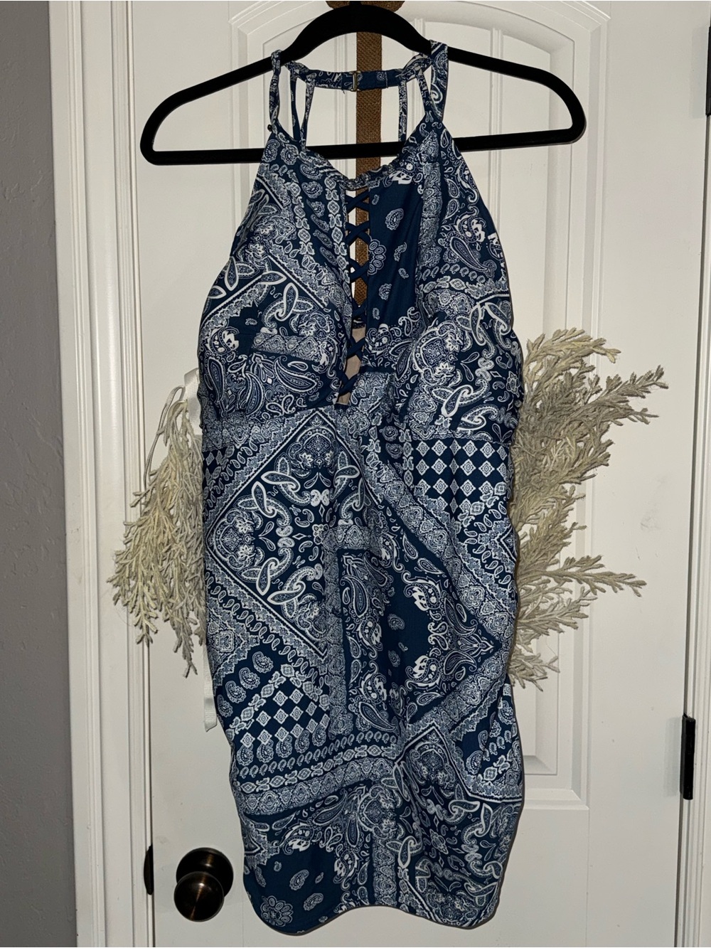Cacique Lane Bryant Navy and White Paisley with criss-cross detail Swim Top